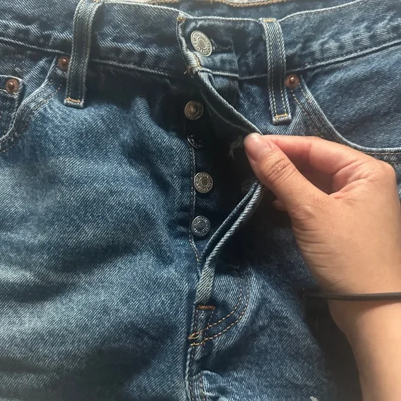 Classic High-Rise Distressed Denim Shorts - Blue - Picture 6 of 9